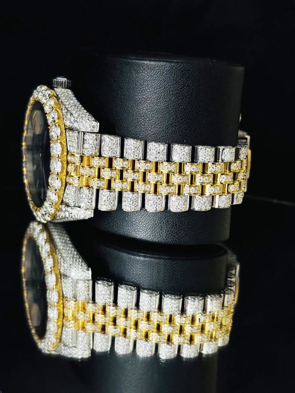 41MM Two Tone Blue Dial Studded Iced Out Moissanite Watch