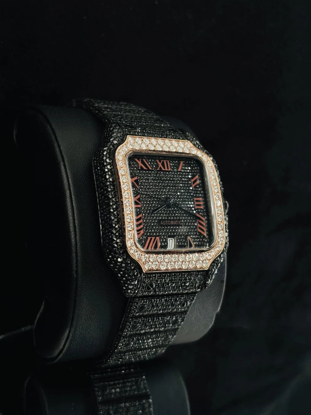Men's Roman Number Black & White Moissanite Diamond Watch