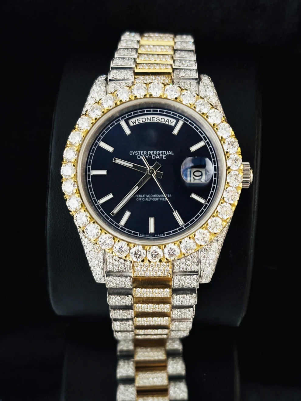 Luxury Men Stainless Steel Blue Dial Bust Down Watch