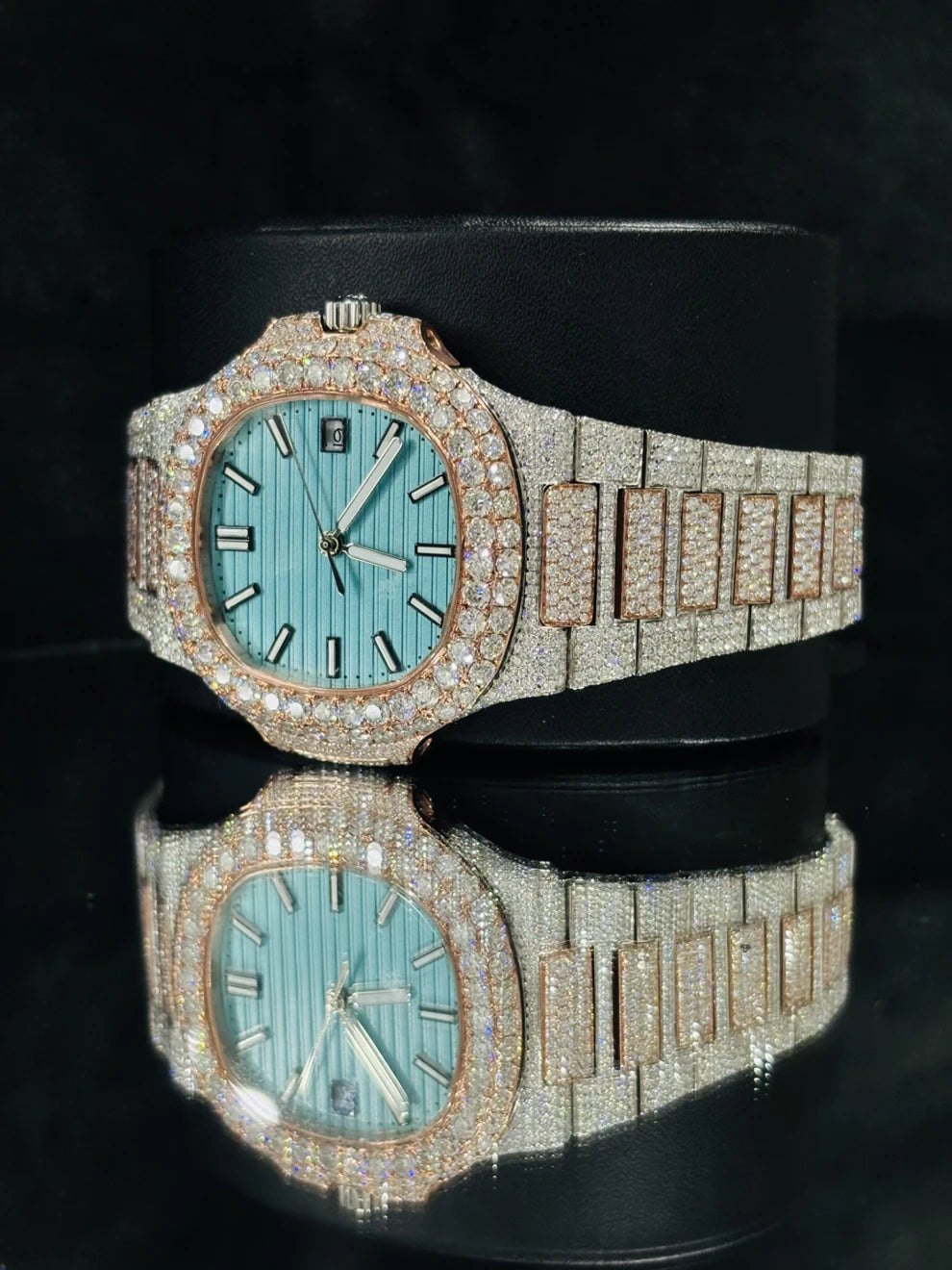 41MM Dual Tone Sky Blue Dial Iced Out Moissanite Watch
