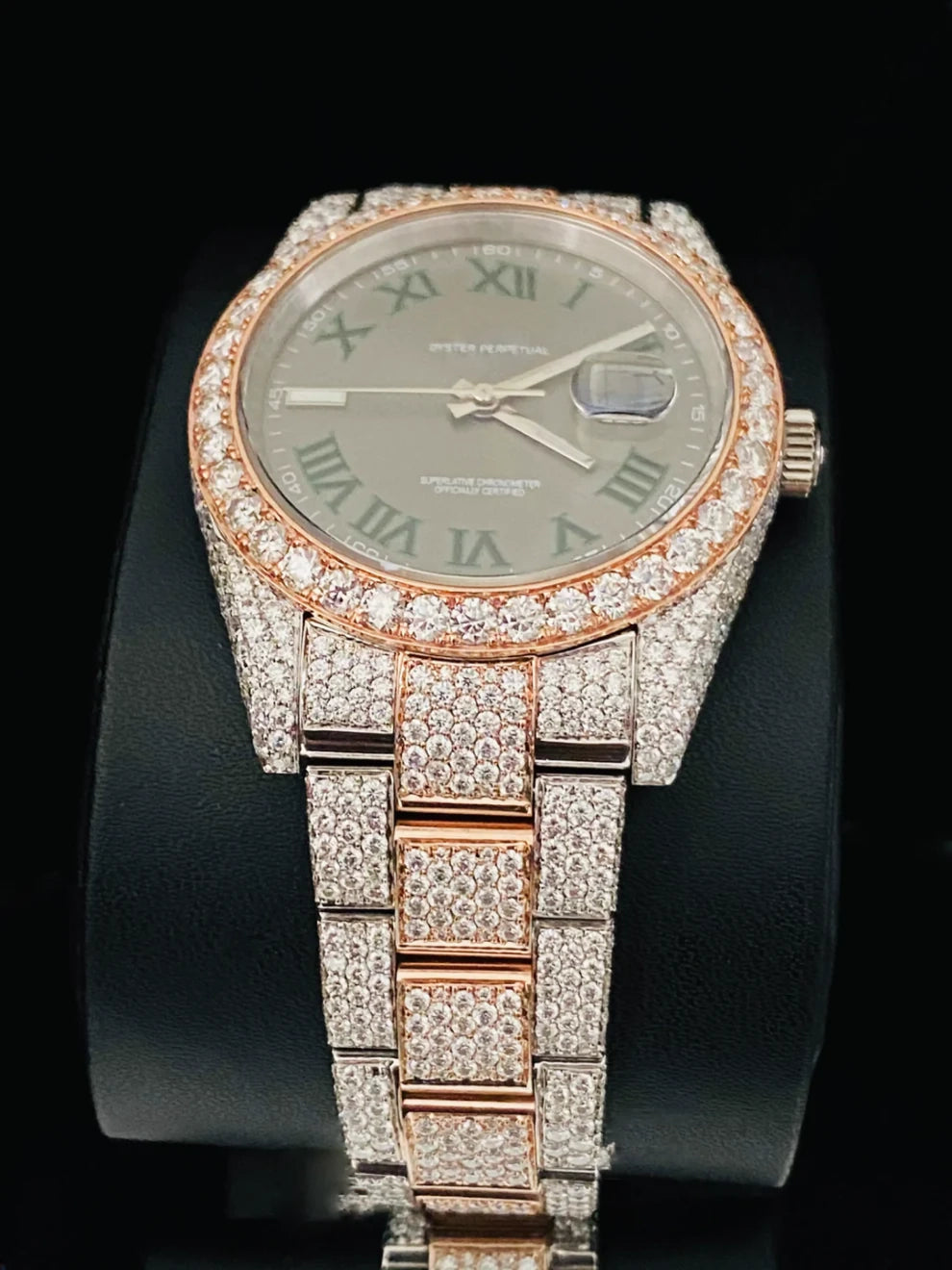 Slate Green Dial Roman Numerals Dual Tone Moissanite Watch