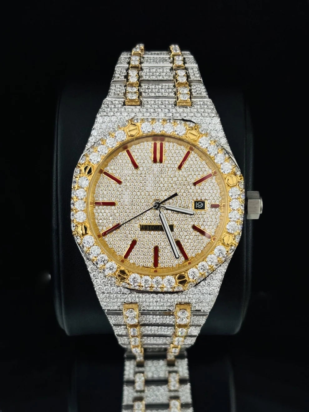 Yellow Gold Plated Red Bar Hip Hop Moissanite Watch