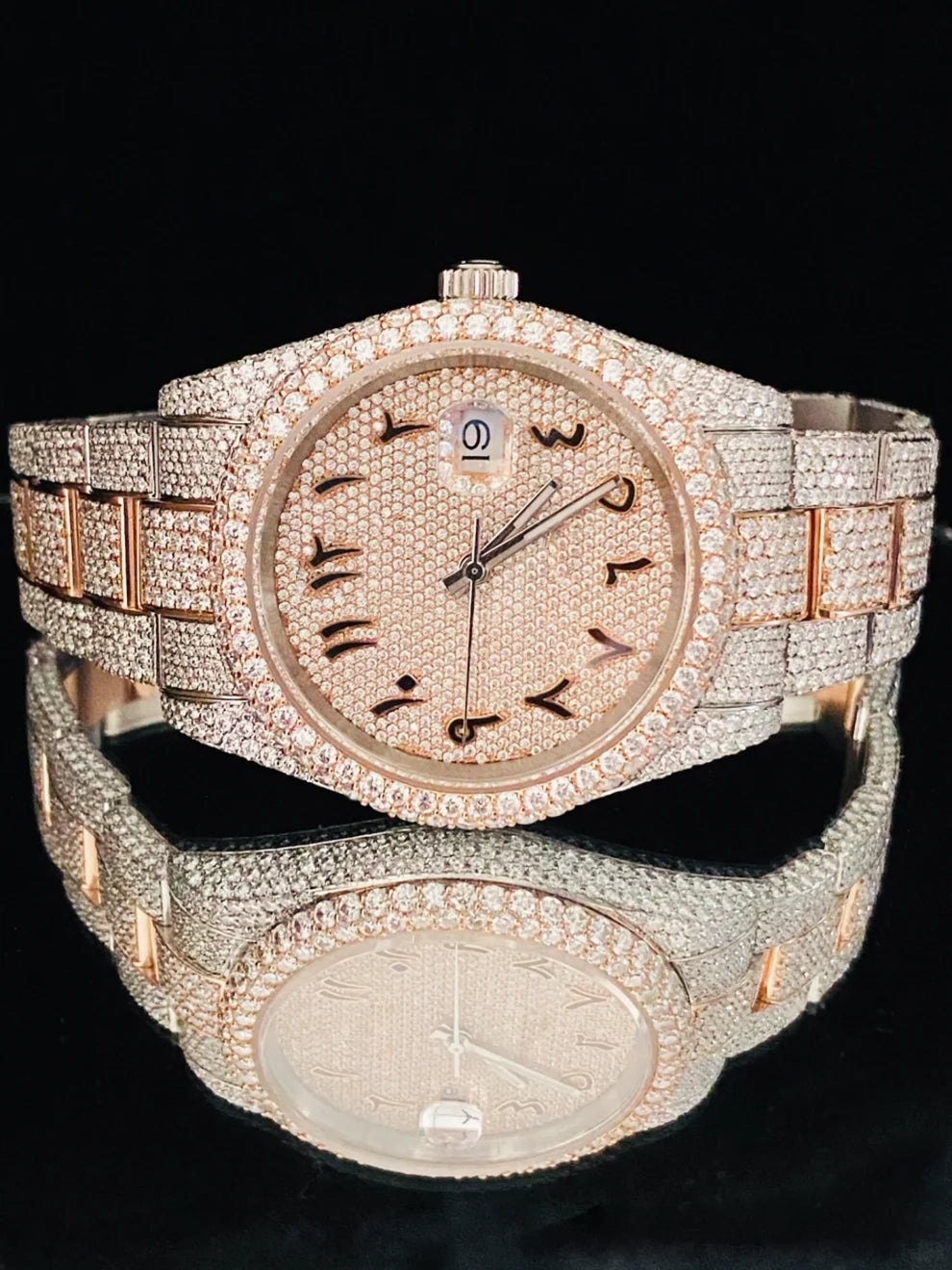 Men's Arabic Number Two Tone Fully Ice Moissanite Watch