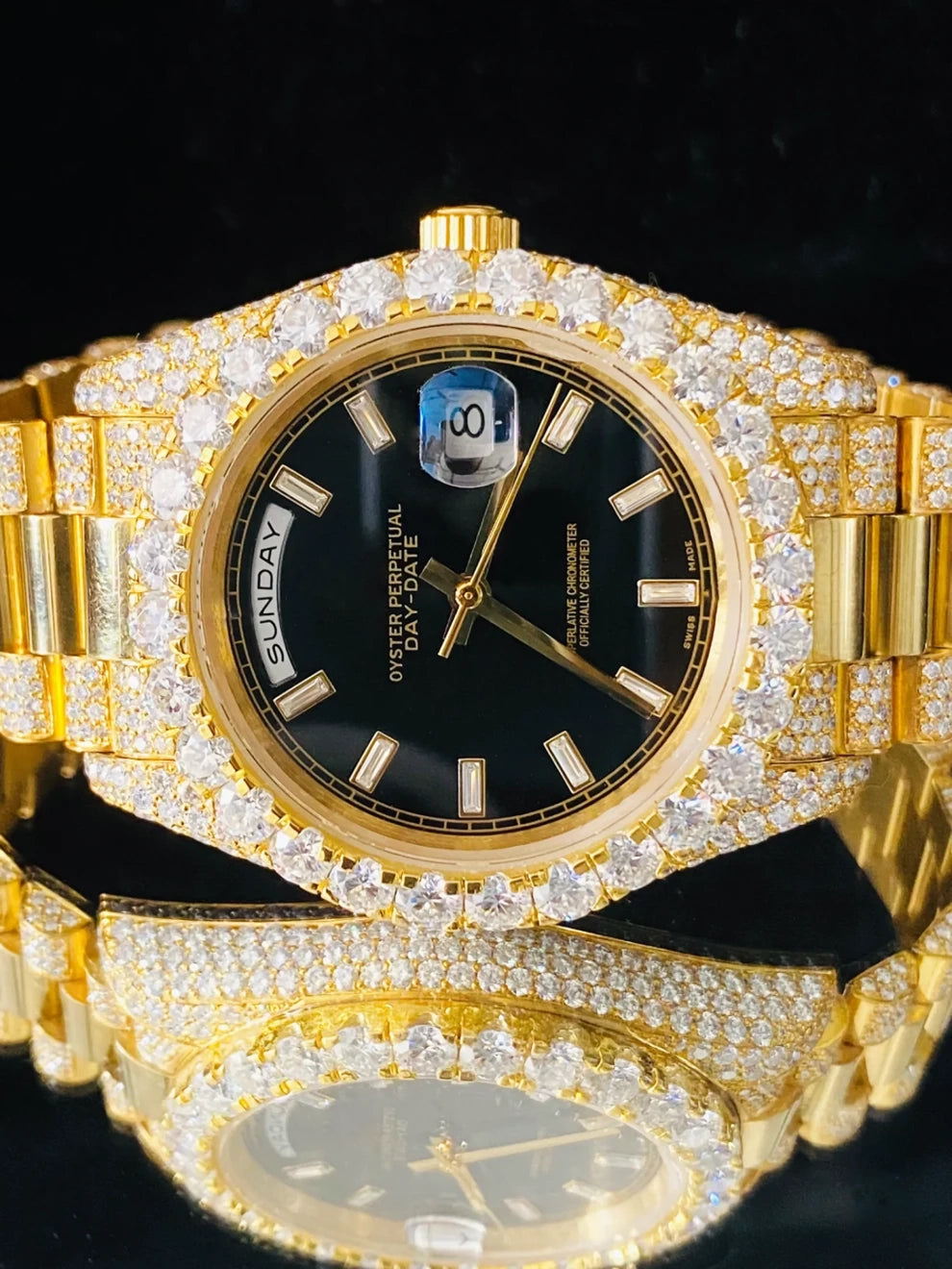 Stunning Black Dial Baguette Bar Iced Out Moissanite Watch