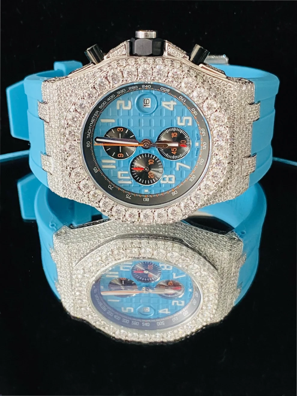 Sky Blue Fully Face Dial Iced Out VVS Moissanite Watch For Men