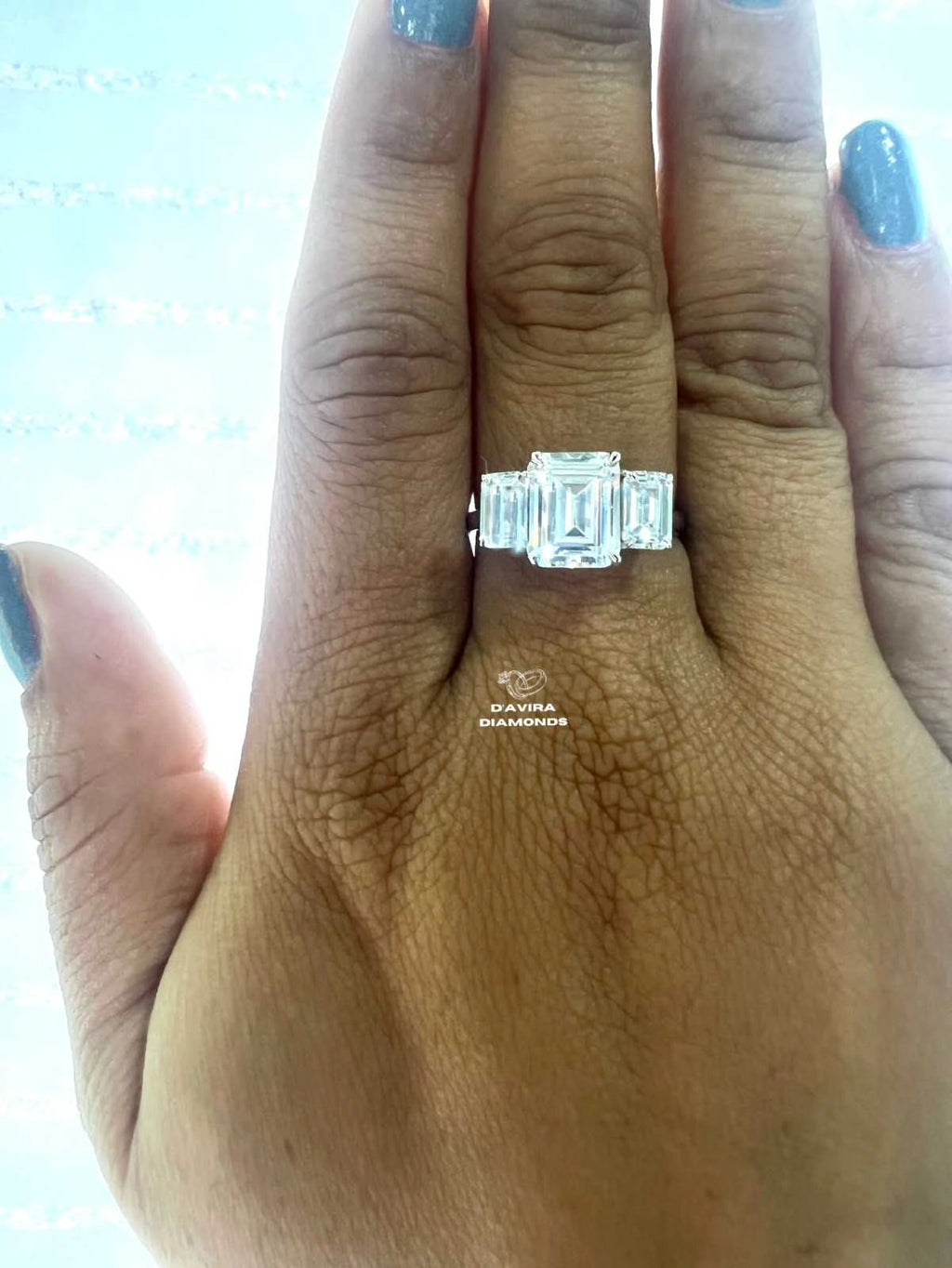3 Stone Emerald Cut Lab Grown Diamond Ring For Wife