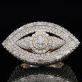 front view Iced out diamond evil eye hip hop ring with round and baguette stones