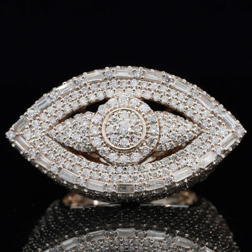 front view Iced out diamond evil eye hip hop ring with round and baguette stones