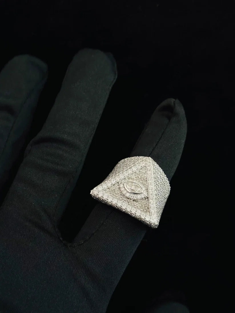 Iced out diamond pyramid ring featuring the Eye of Providence in silver