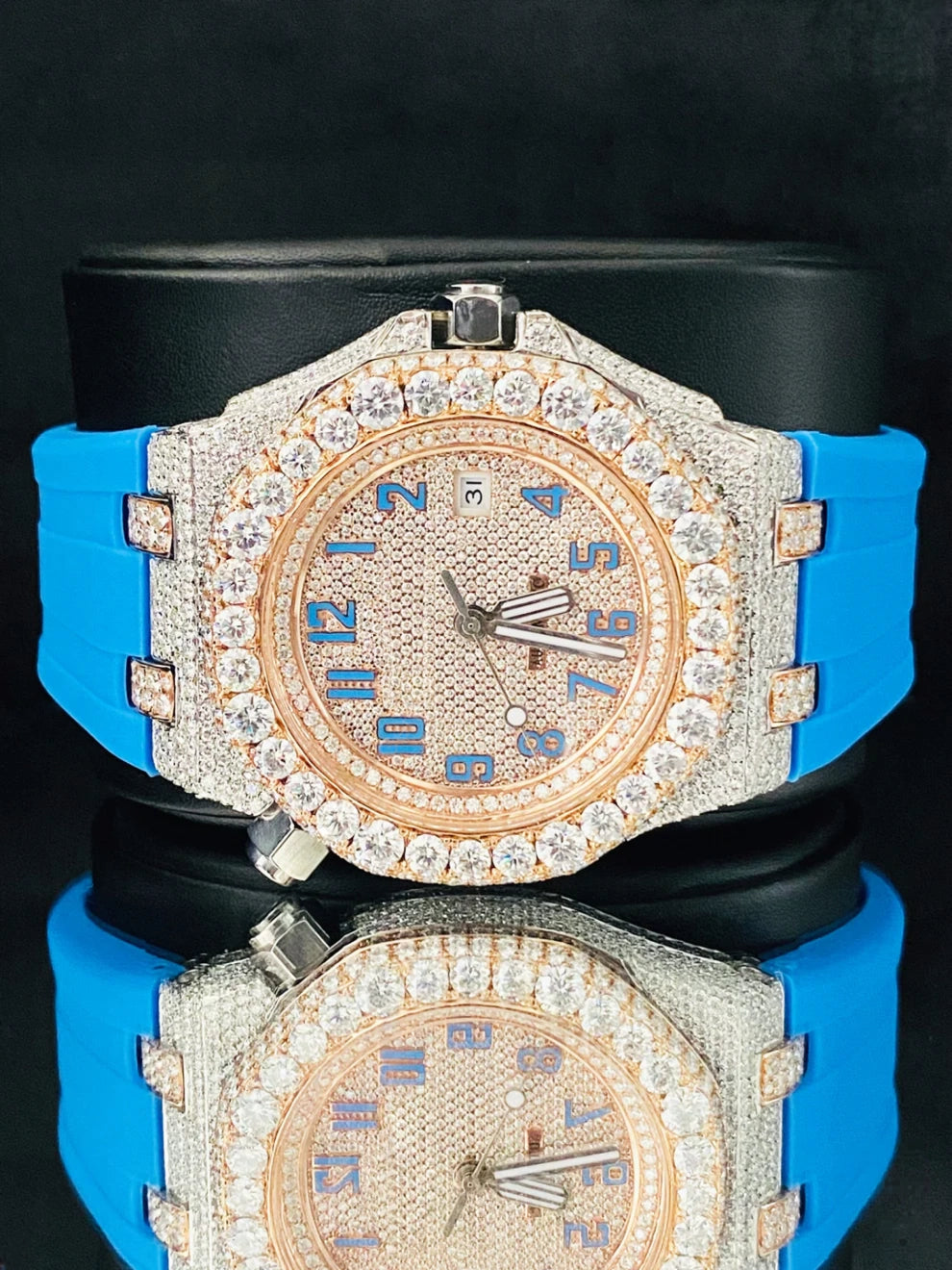 Fully Face Dial Sky Blue Silicon Strap Moissanite Watch