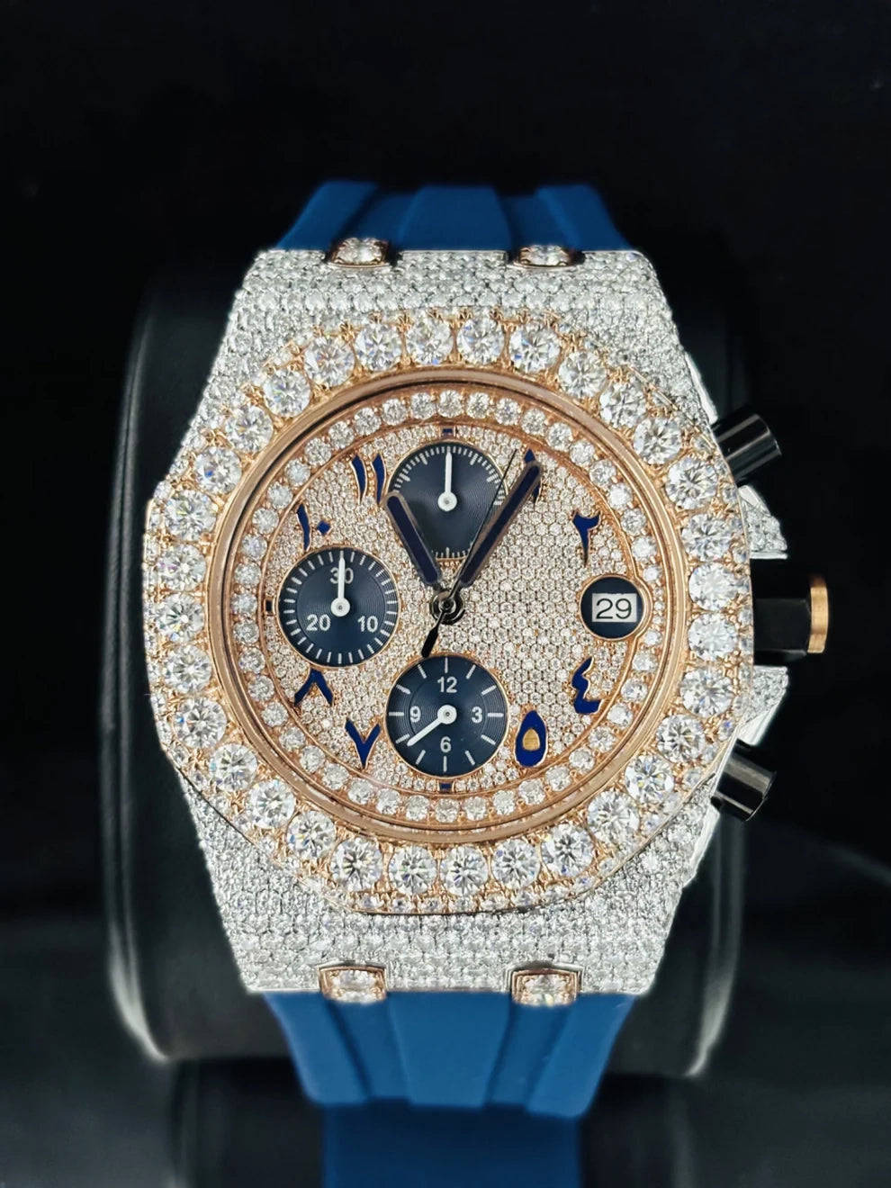 Rose Gold Plated Arabic Number Chronograph Moissanite Watch