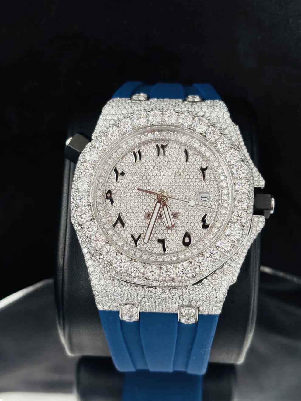 Arabic Number Big Bezel Blue Silicon Strap Moissanite Watch