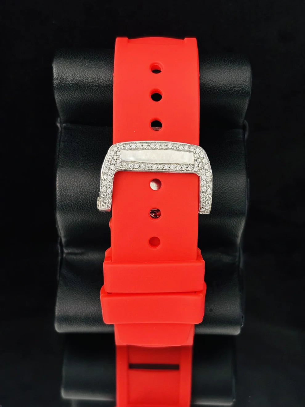Red Rubber Strap Skeleton Dial Moissanite Automatic Watch
