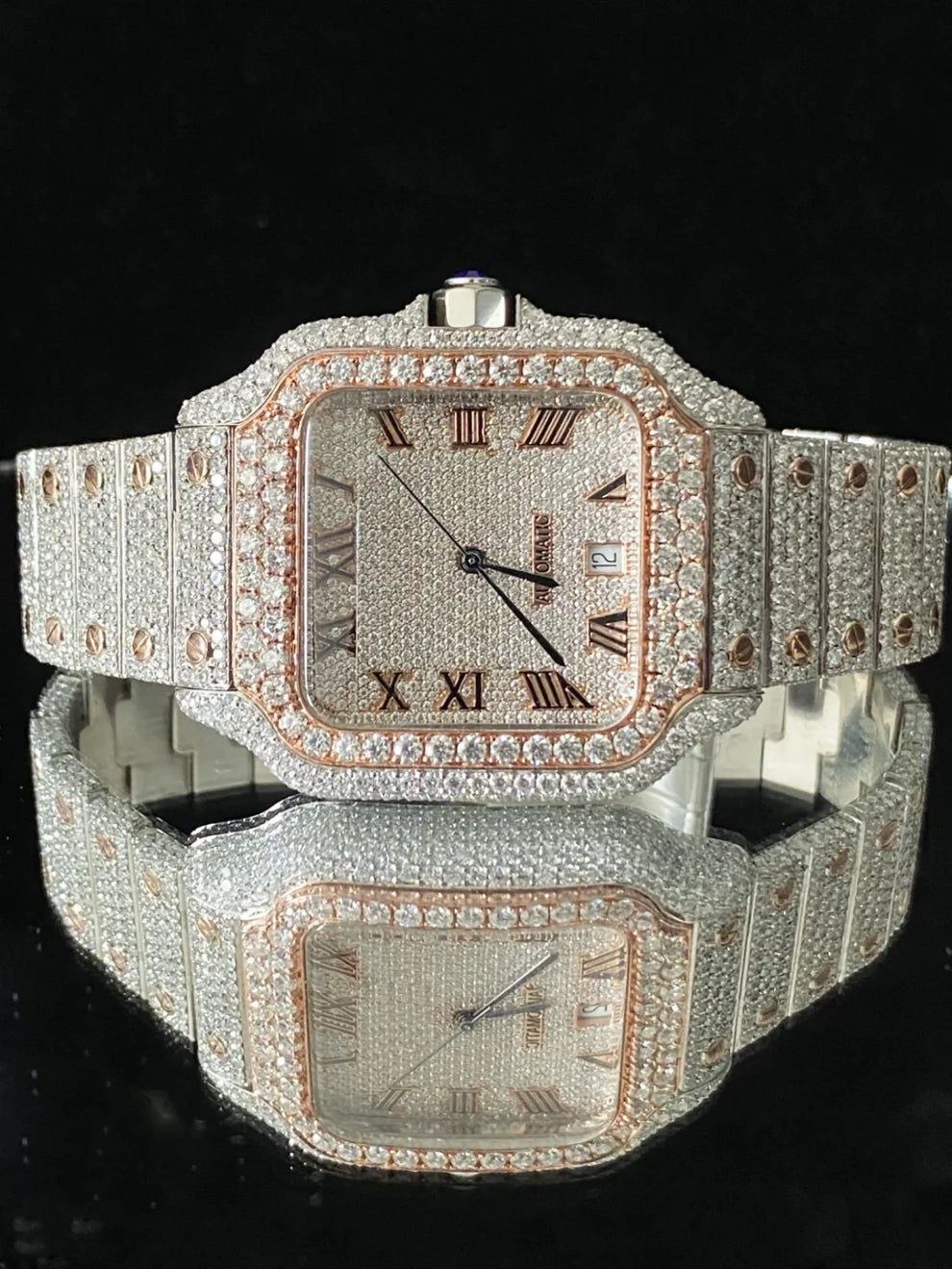Classic Fully Iced Out Two Tone Roman Dial Moissanite Watch