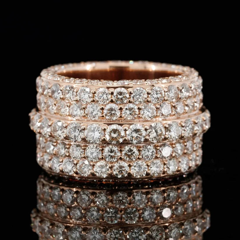 Multi-row rose gold diamond eternity band featuring five stacked rows of round-cut pave diamonds