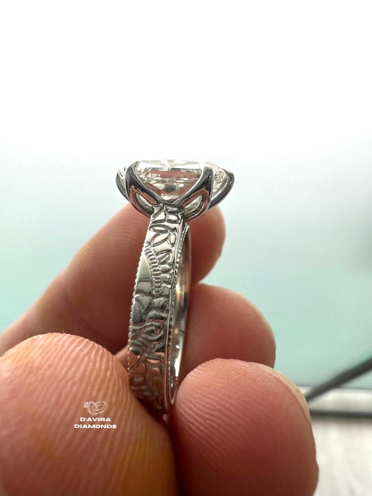 side view of the cushion cut filigree style lab diamond band