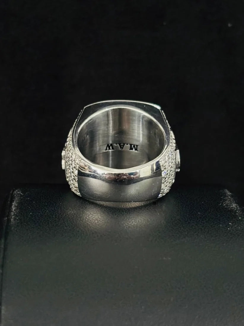 Polished silver men's statement ring with custom interior engraving M.A.W and pavé diamond detailing