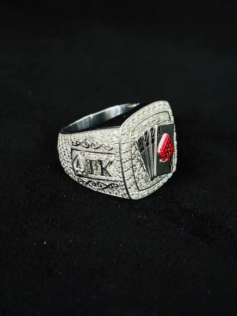 Custom championship style poker ring with diamond pave and ace playing cards