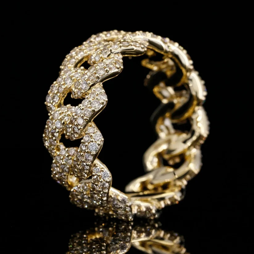 side view of the Men's iced out Cuban chain ring in yellow gold plated