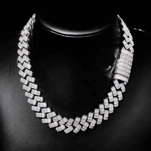 front view of the Iced out baguette diamond Cuban link chain necklace with a box clasp