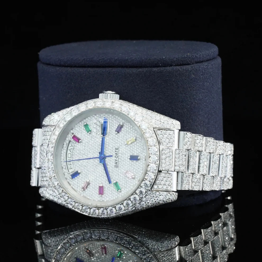 Stainless Steel Fully Iced Out Colorful Bar Diamond Baguette Watch