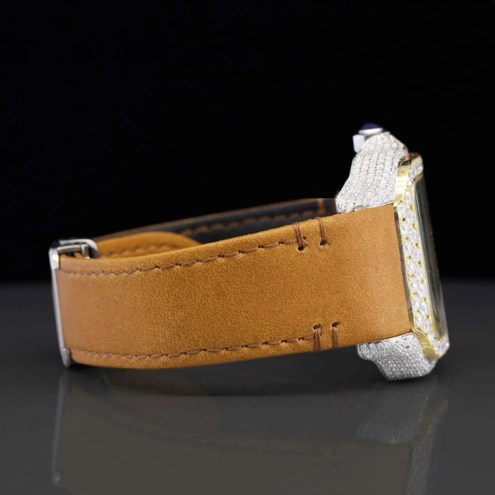 Mustard Yellow Leather Belt Round Moissanite VVS Iced Out Watch