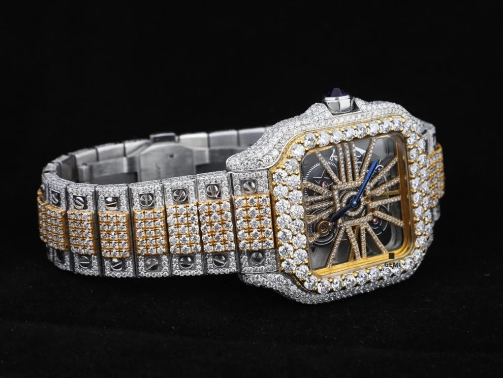 Fully VVS Moissanite Studded Two Tone Skeleton Diamond Watch