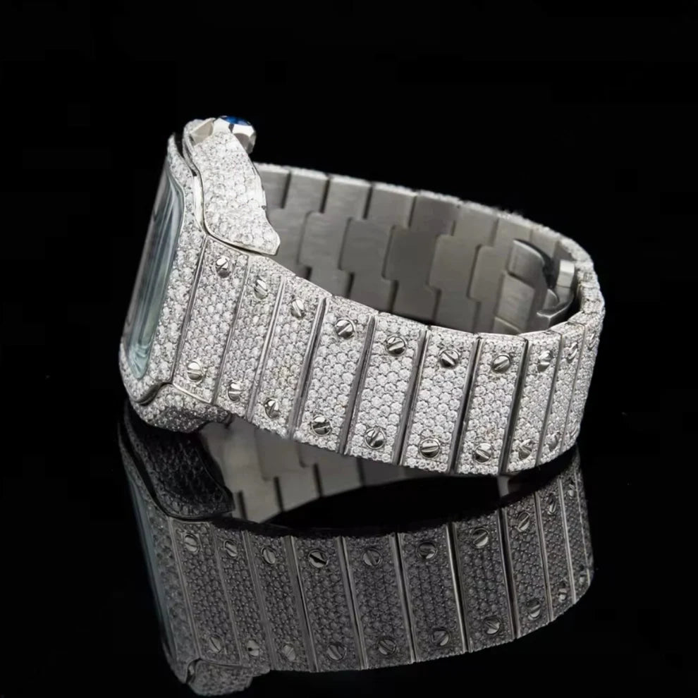 White Plain Dial Hip Hop Moissanite Diamond Stud Watch