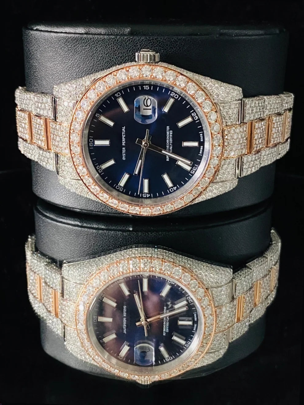Dual Tone Big Bazel Blue Dial Rapper Moissanite Watch