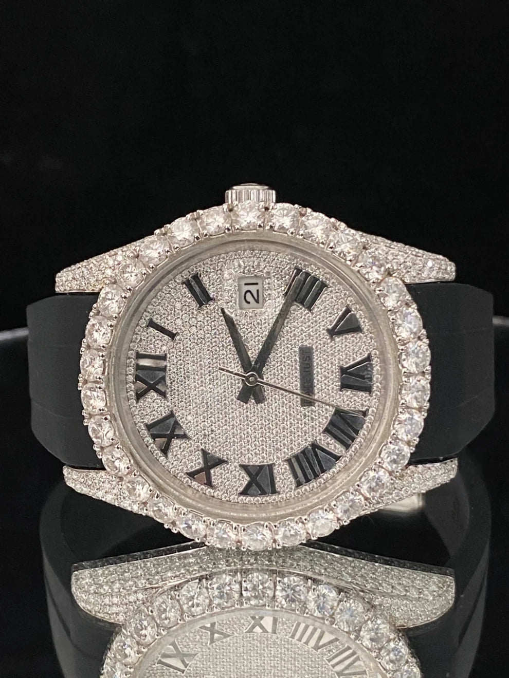 Elegant Half Iced Out VVS Moissanite Watch With Black Silicon Straps