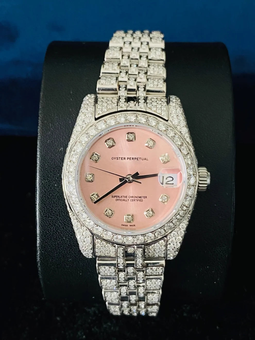 31MM Fully White Iced Out Pink Dial Moissanite Watch For Women