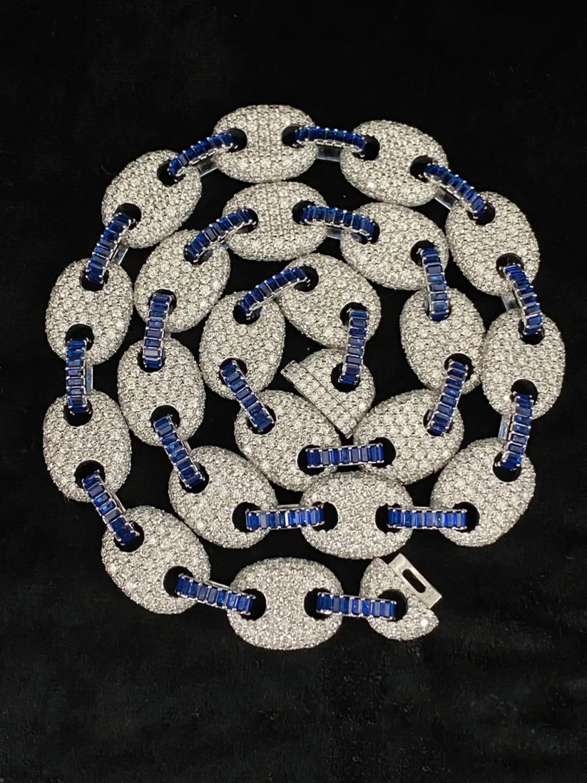 Diamond and blue sapphire iced out Gucci link chain necklace