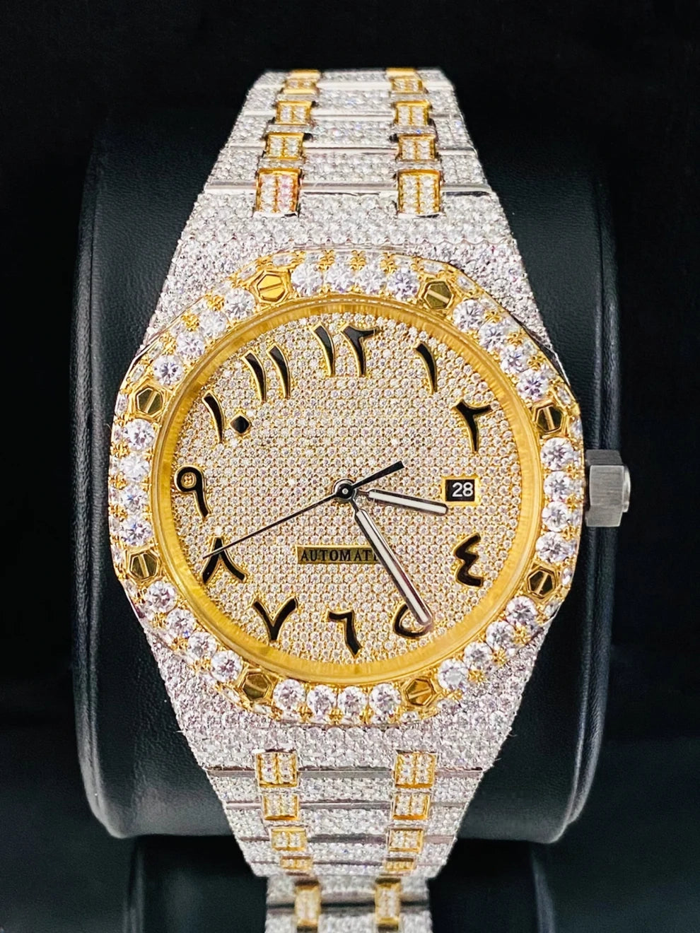 Two Tone Arabic Number Fully Studded Moissanite Watch