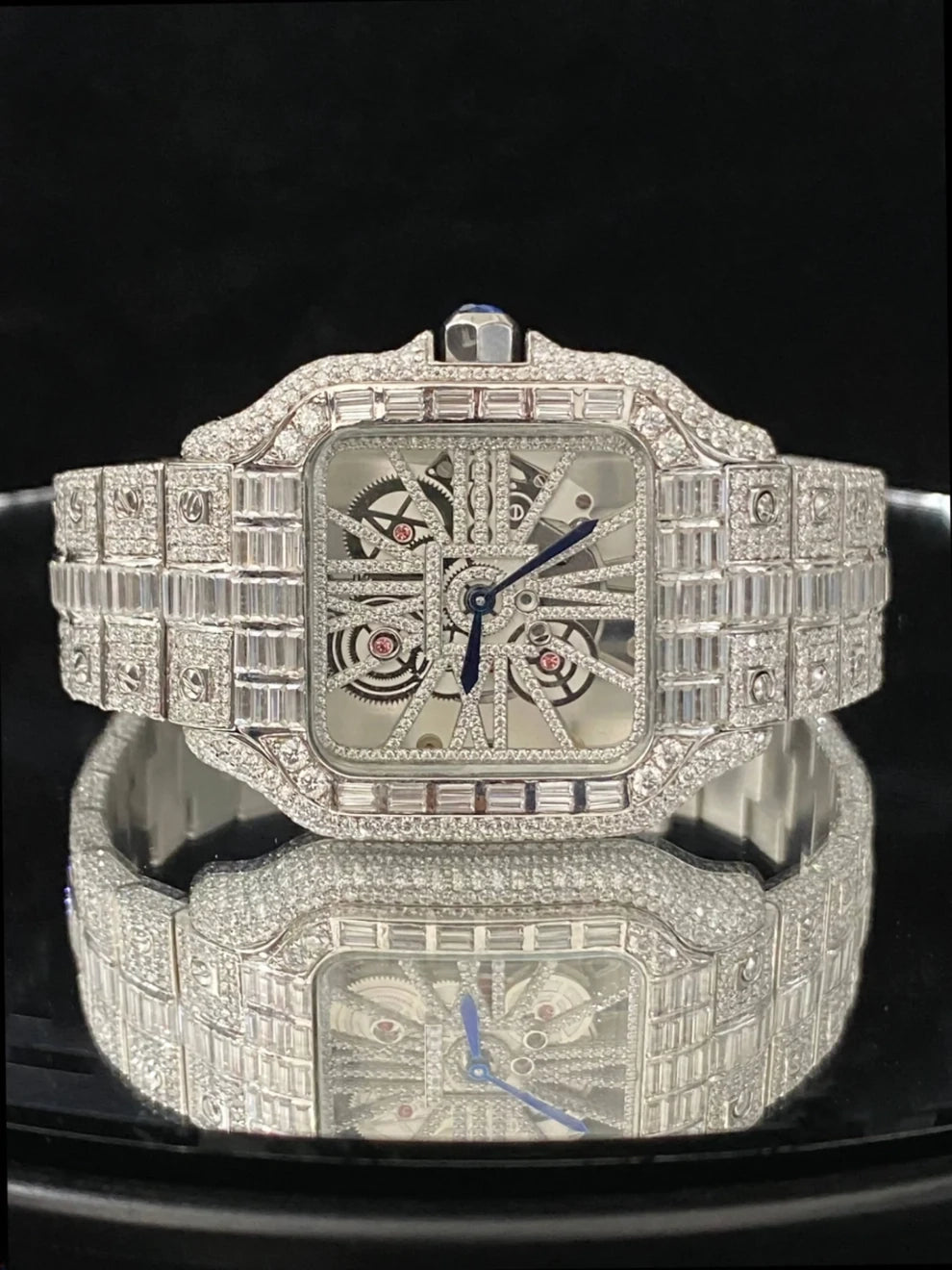 Fully Iced Out Skeleton Dial Baguette Diamond Moissanite Watch