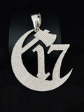 front view 925 sterling silver iced out Chapter 17 crescent moon and hatchet pendant charm