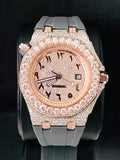 Rose gold iced-out diamond watch with Arabic-Indic dial and grey strap