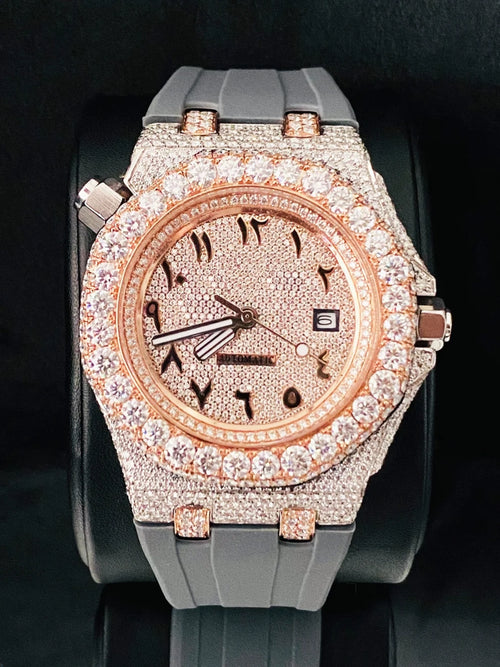 Rose gold iced-out diamond watch with Arabic-Indic dial and grey strap