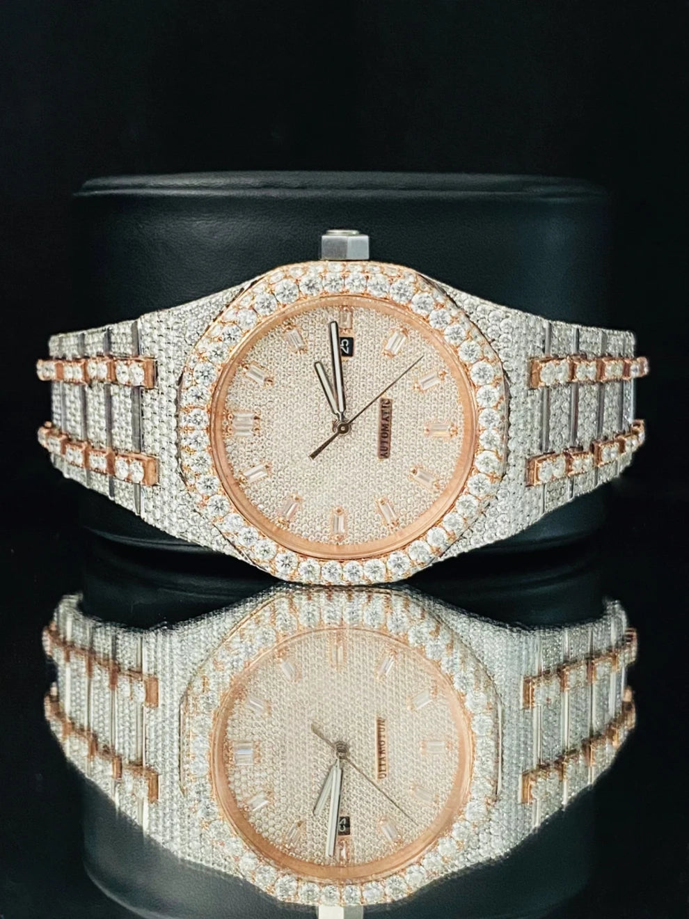 Two Tone Baguette Bar Fully Studded Moissanite Watch