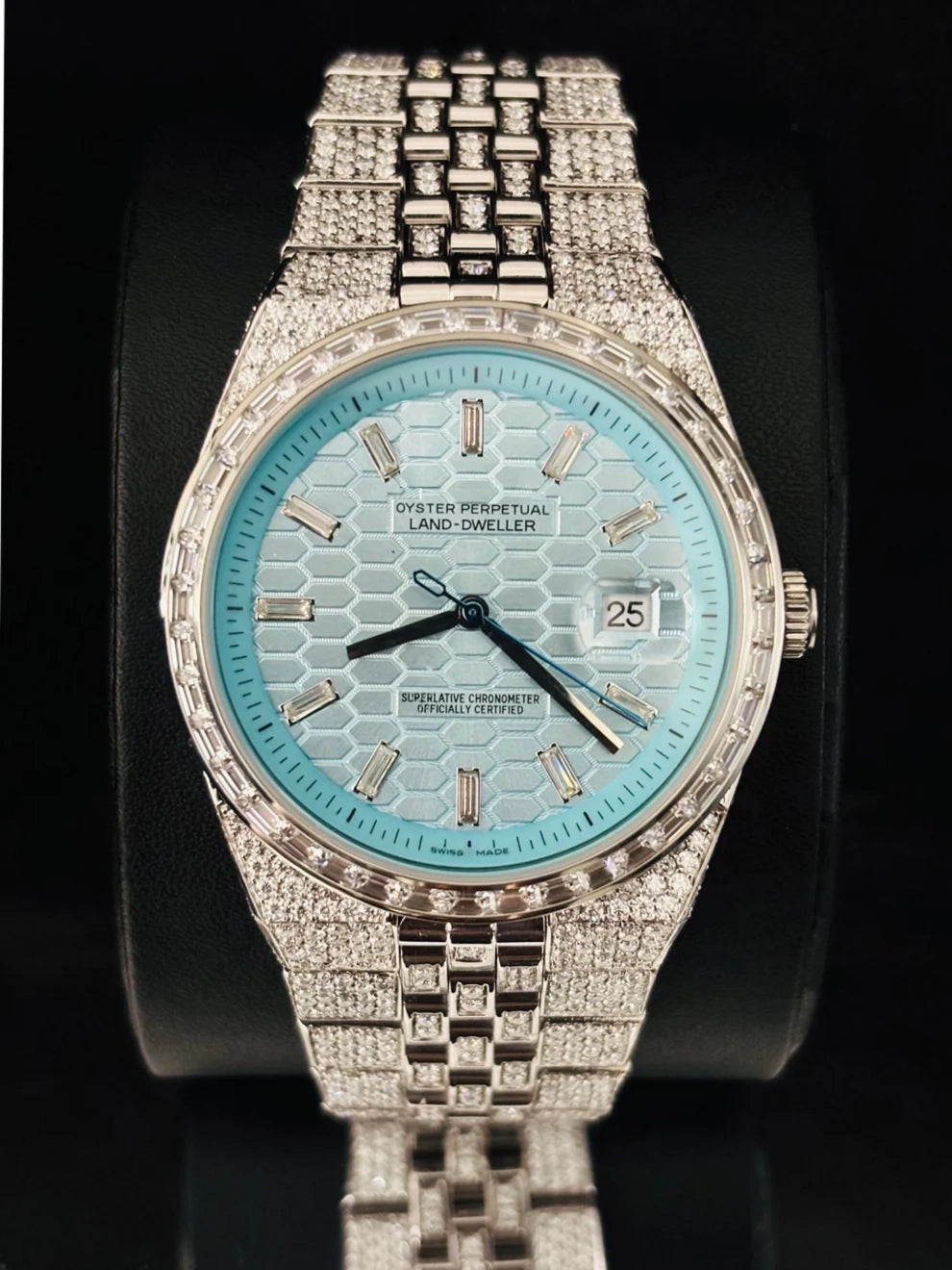 Sky Blue Dial Fully Ice Baguette Bar Moissanite Watch