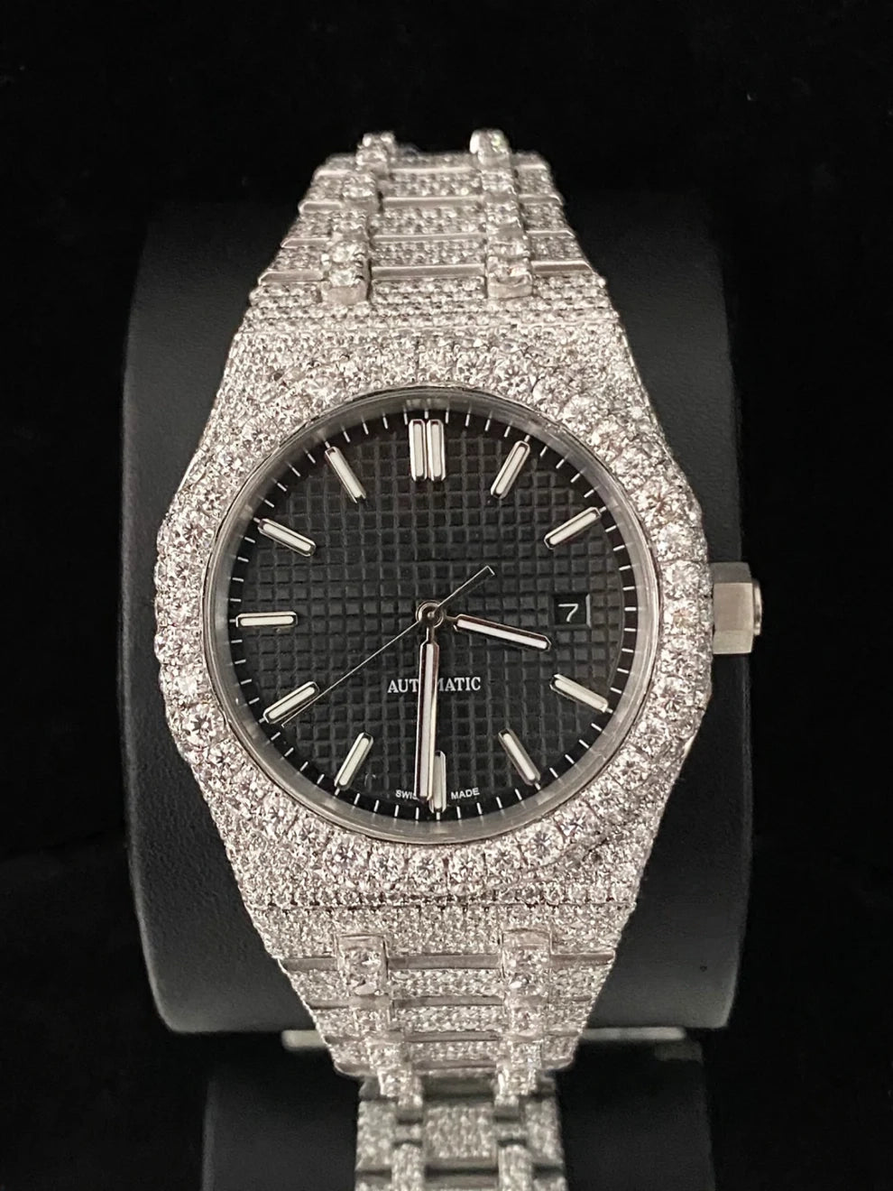 Men 41MM VVS Black Dial Fully Ice Out Moissanite Watch