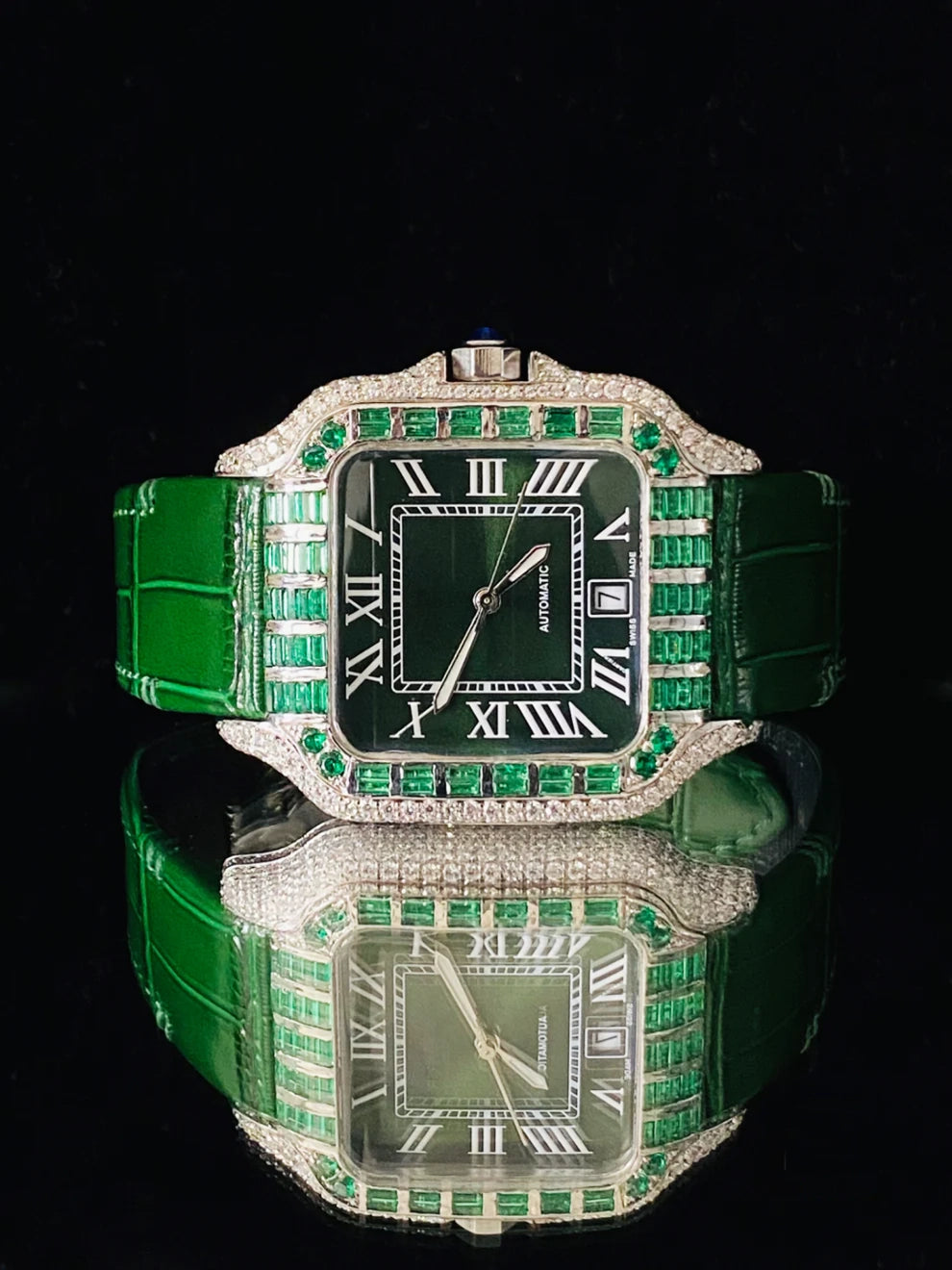 Dark Green Lather Belt Moissanite Roman Number Watch