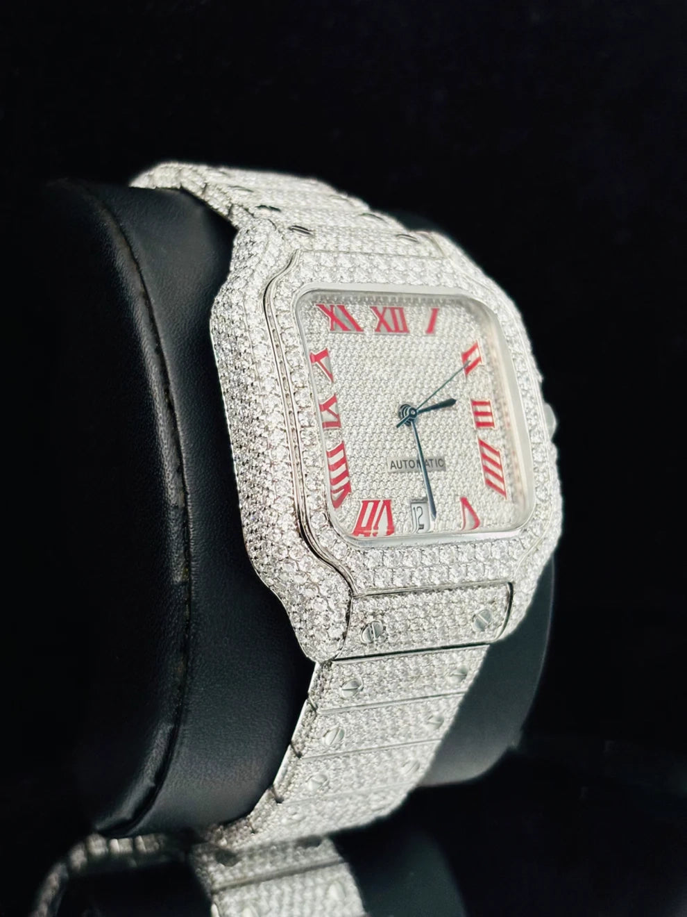 Red Roman Number VVS Moissanite Studded Iced Out Watch