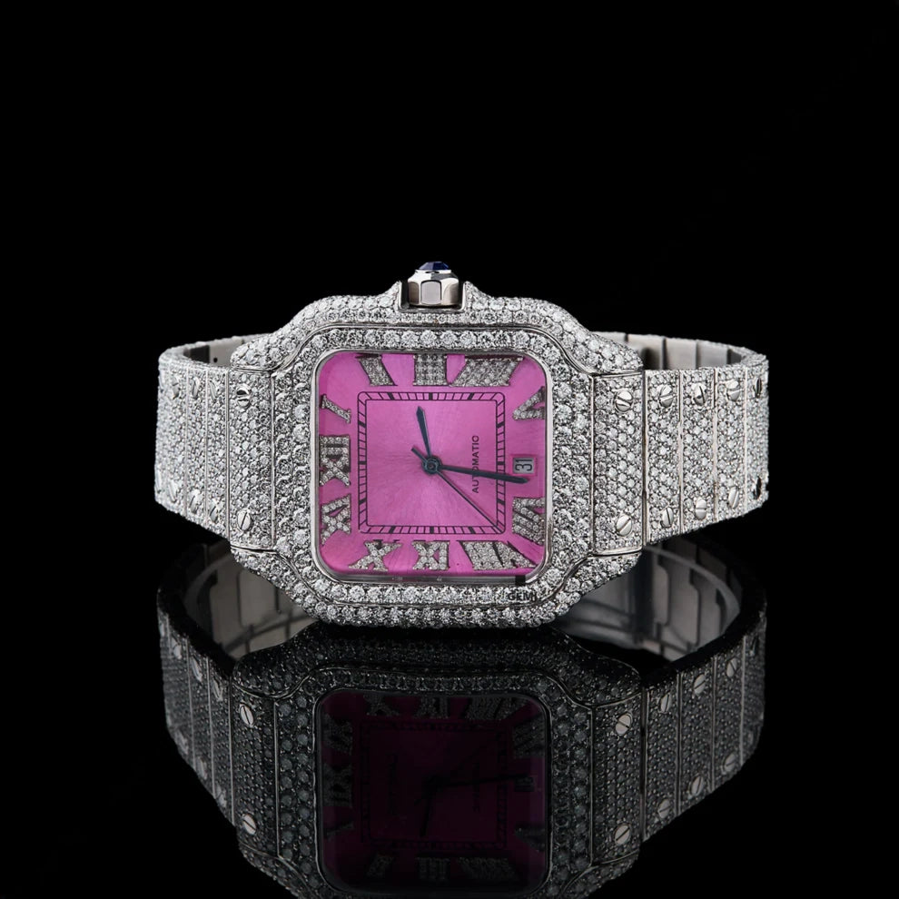 41MM Pink Dial Studded Moissanite Roman Number Watch