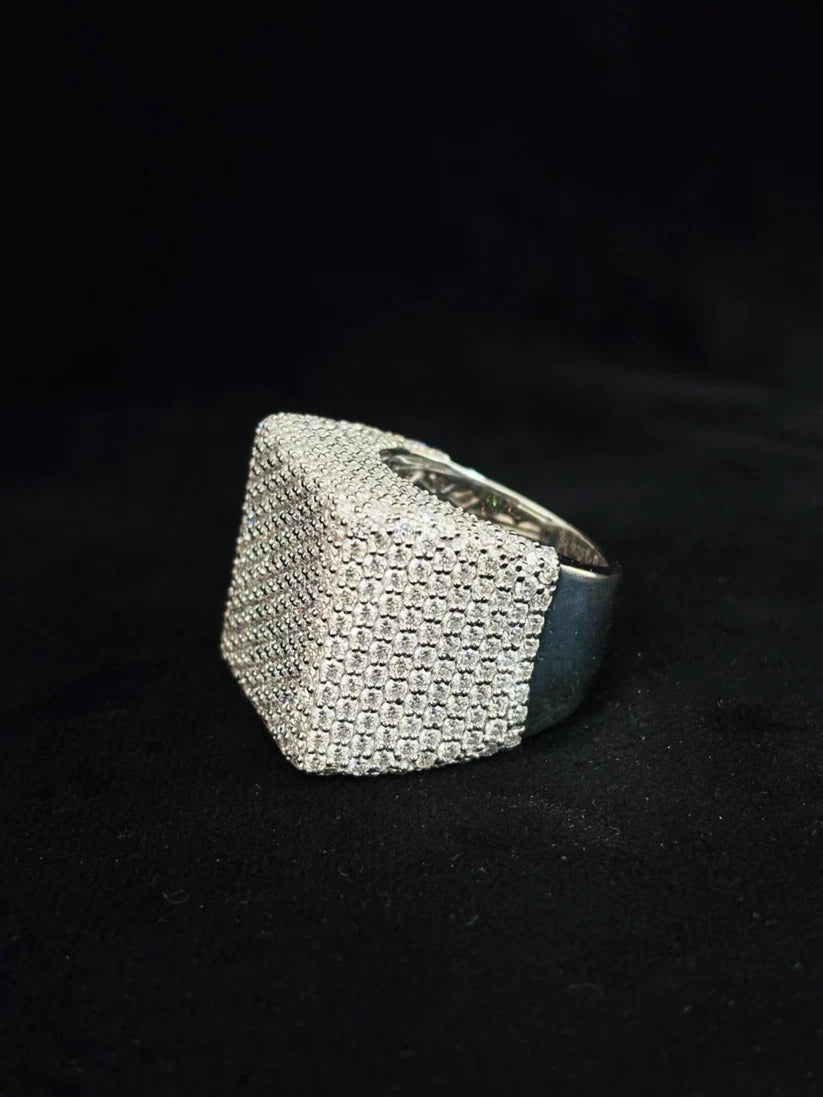 Heavy block-style urban street fashion ring fully encrusted with moissanite diamond