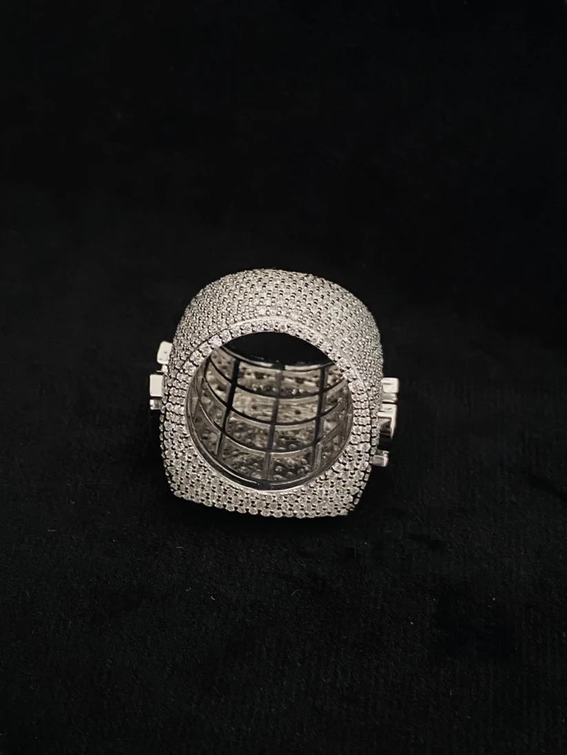 Men's iced-out silver ring with diamond pave band and open grid under-gallery
