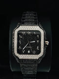 Fully iced-out custom square automatic watch with black diamonds, white diamond bezel, and black Arabic dial