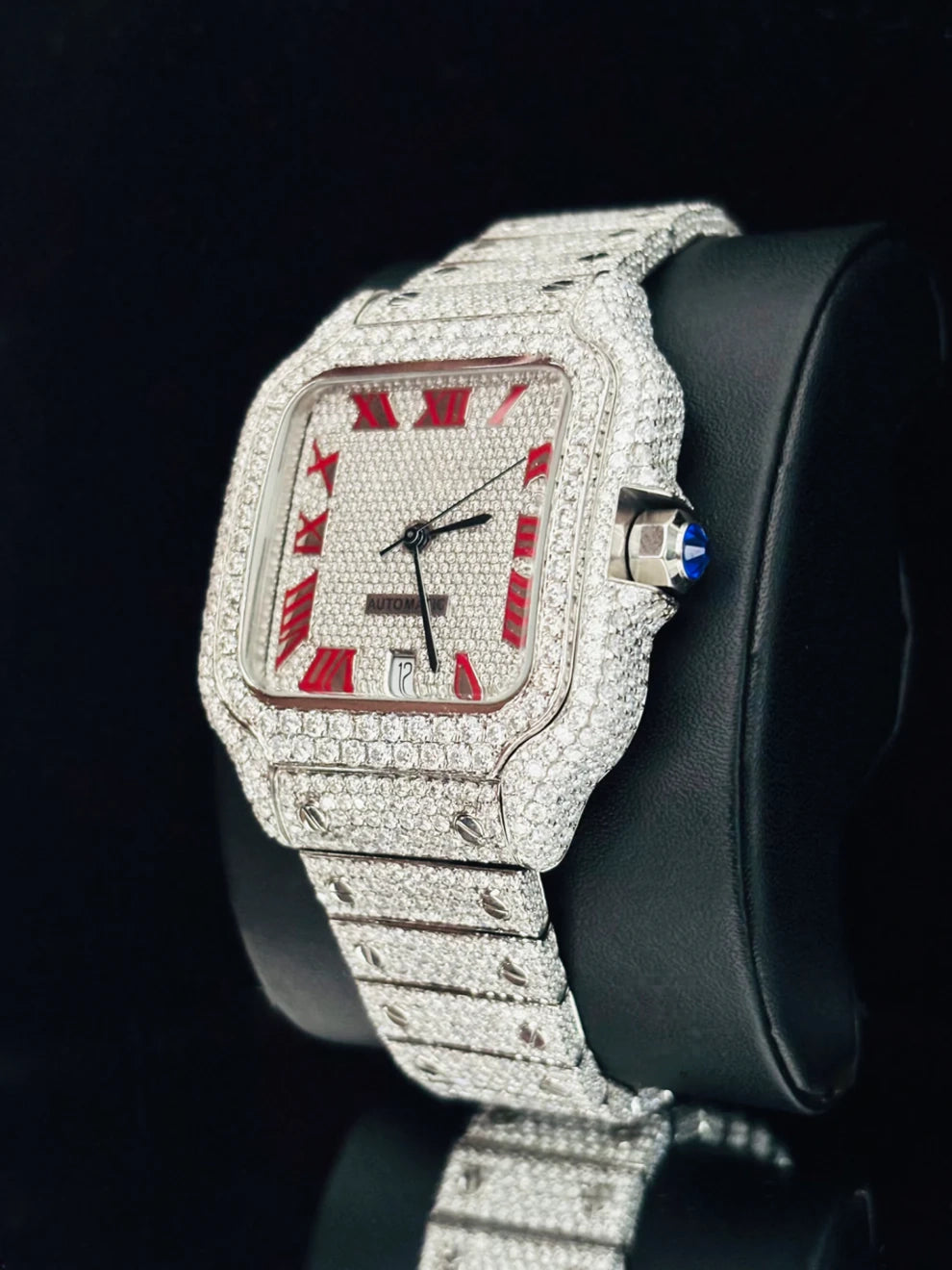Red Roman Number VVS Moissanite Studded Iced Out Watch