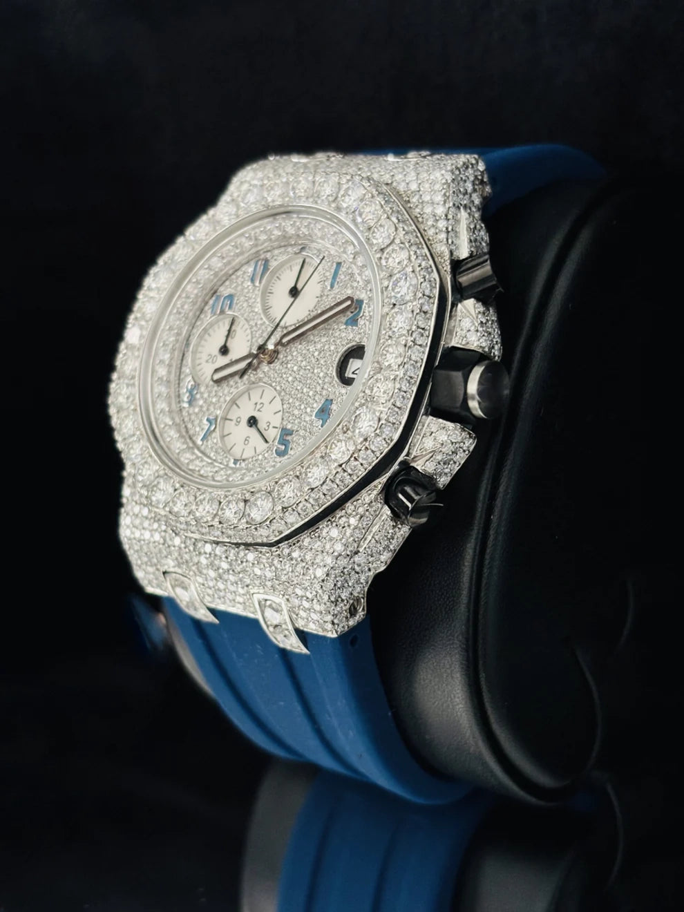 Chronograph Blue Silicon Strap Moissanite Diamond Watch