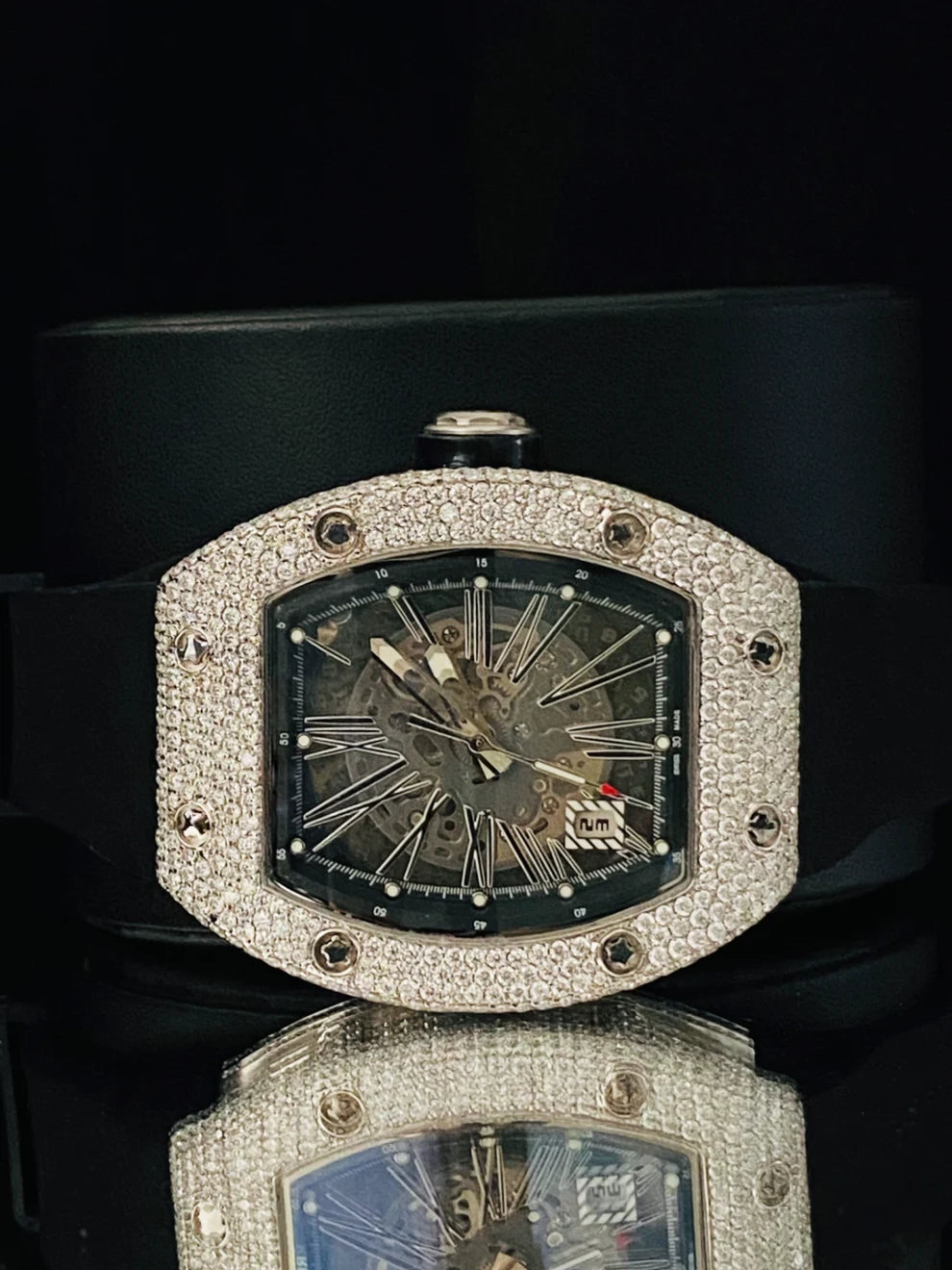 Black Silicon Or Rubber Belt Fully Ice Out Moissanite Watch