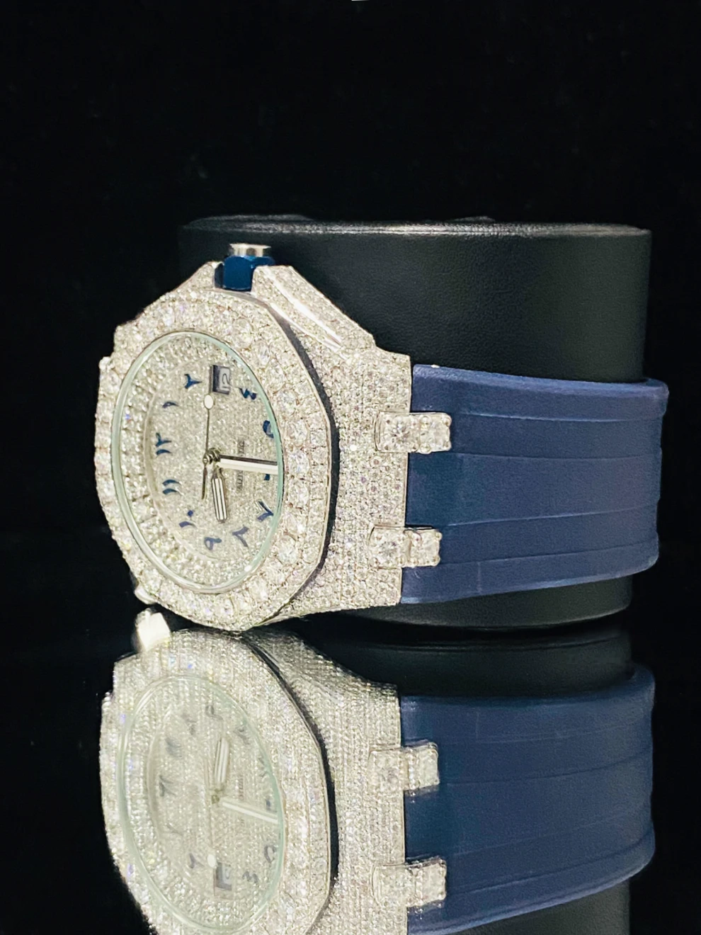 Big Bezel Moissanite Royal Blue Silicon Belt Watch